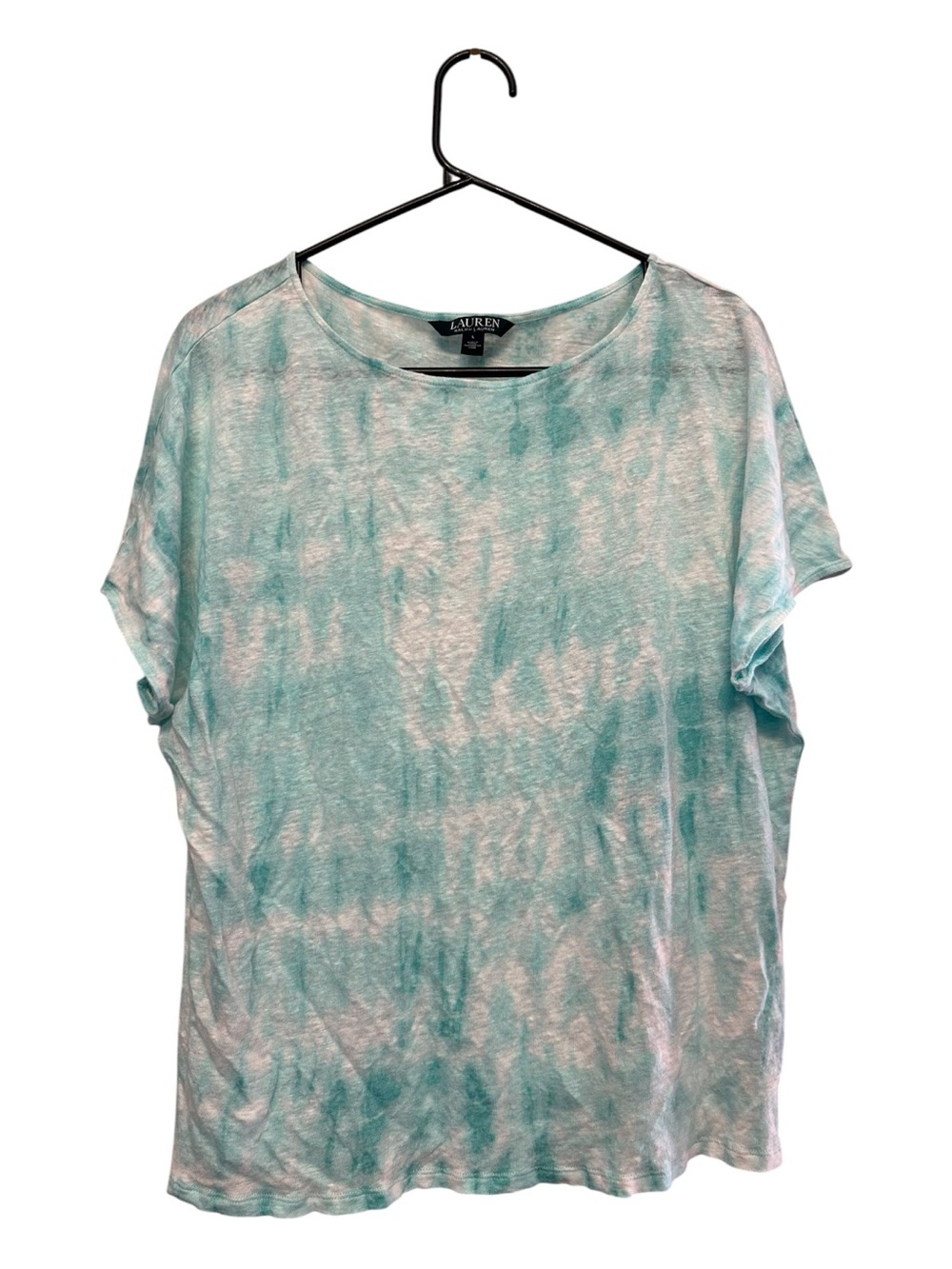 Vintage Y2K Lauren Ralph Lauren Teal and White Tie-Dye Short Sleeve Linen Top L